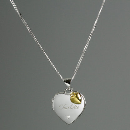 Personalised Sterling Silver Heart Locket Necklace with Diamond and 9ct Gold Charm from Heartfelt Gifts