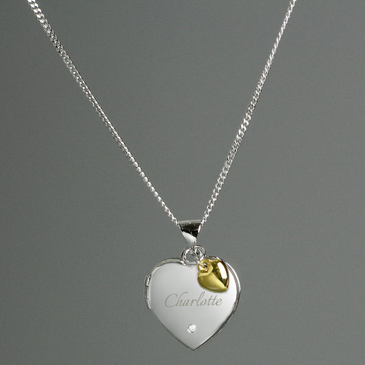 Personalised Sterling Silver Heart Locket Necklace with Diamond and 9ct Gold Charm from Heartfelt Gifts