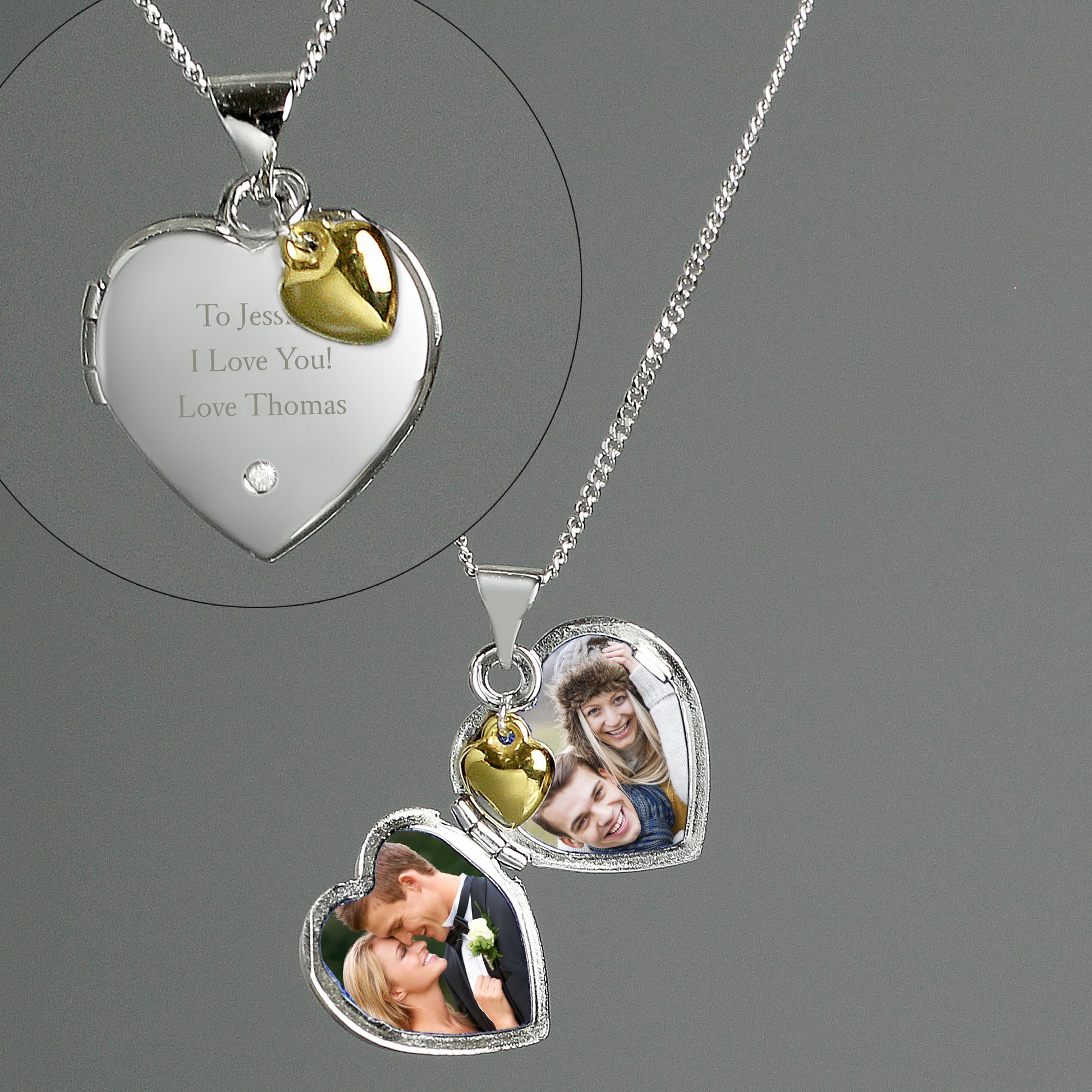 Personalised Sterling Silver Heart Locket Necklace with Diamond & 9ct Gold Charm - image 3