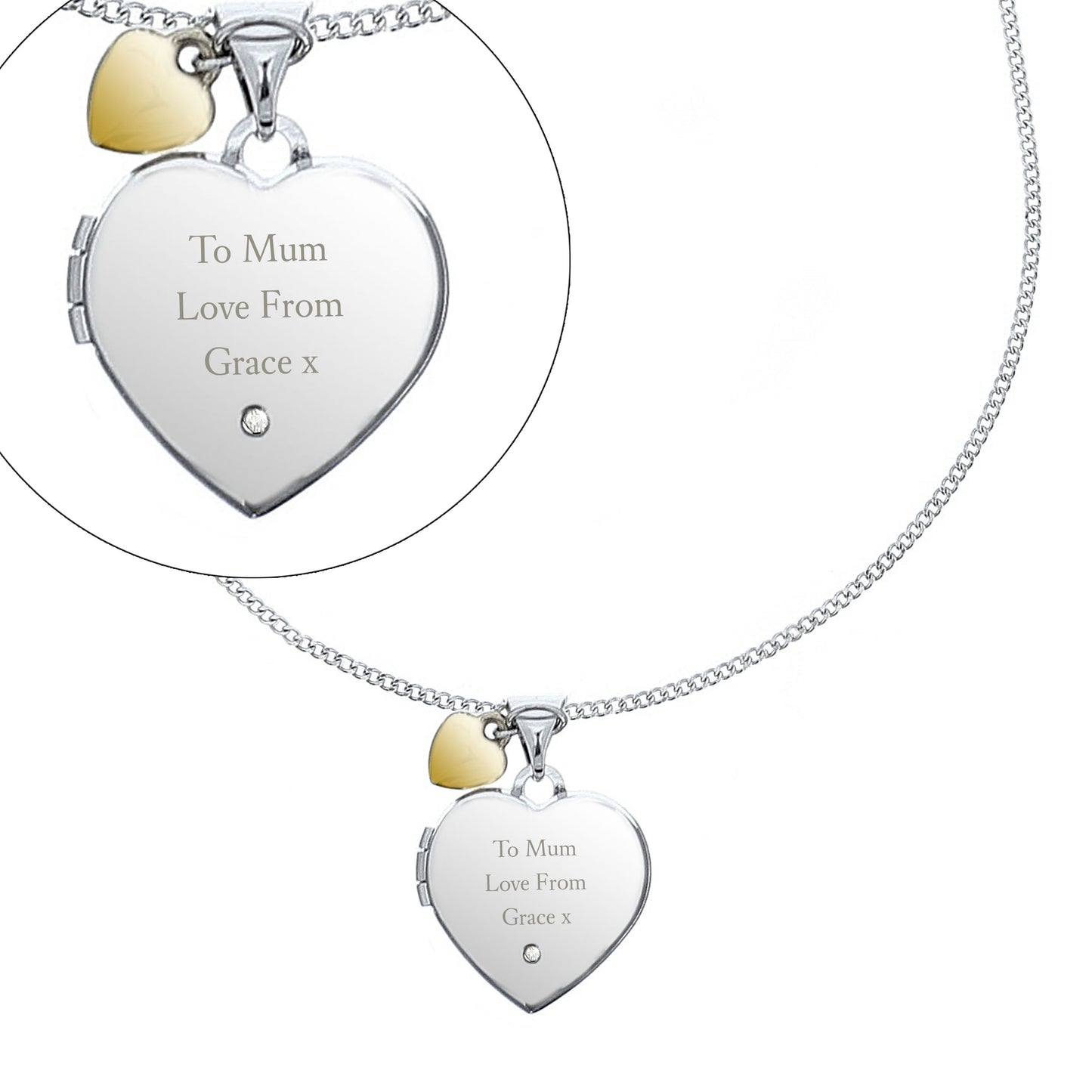 Personalised Sterling Silver Heart Locket Necklace with Diamond & 9ct Gold Charm - image 4