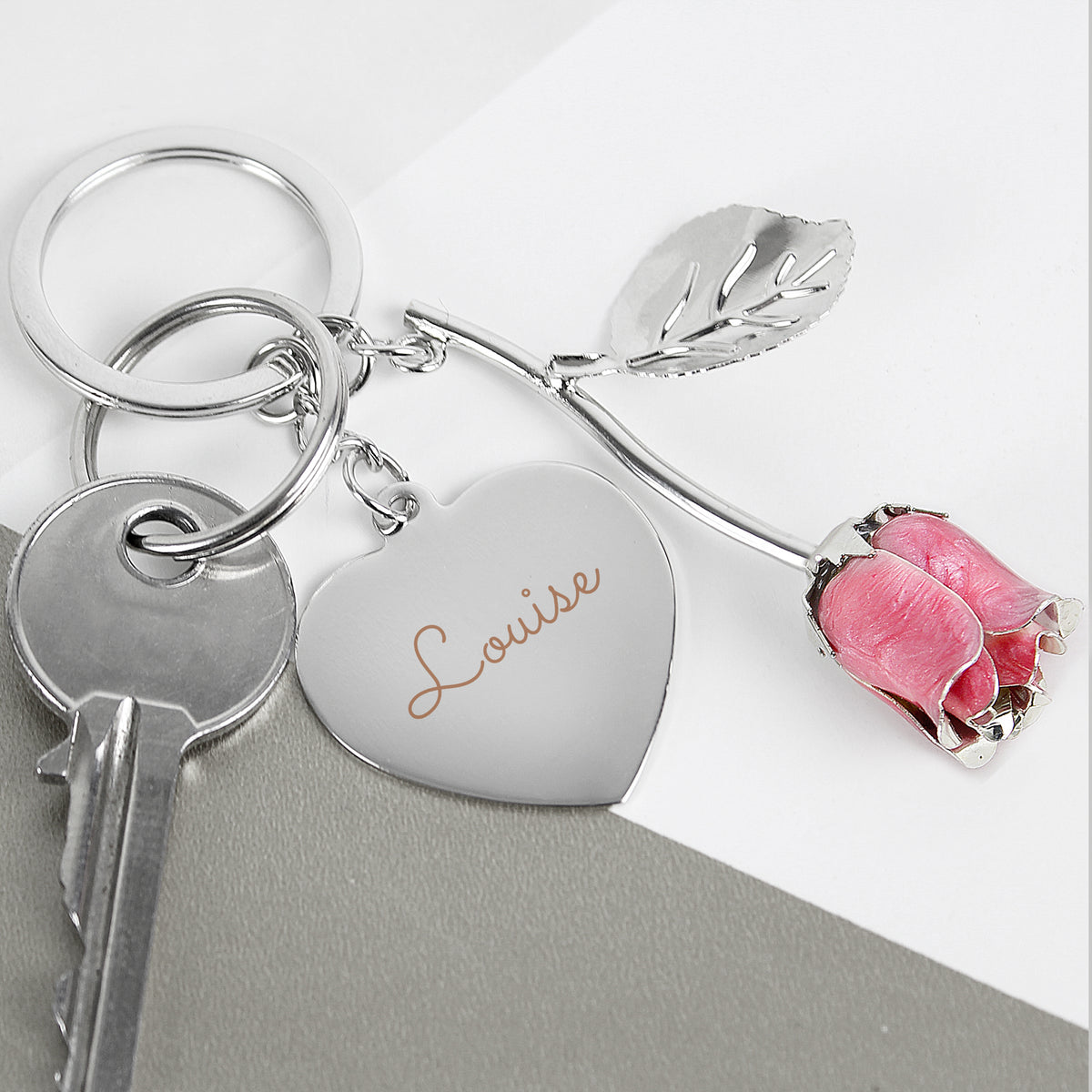Personalised Silver Plated Name Pink Rose Keyring from Heartfelt Gifts