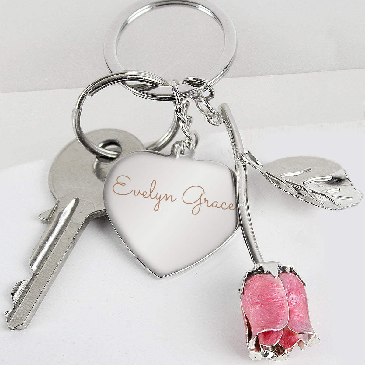 Personalised Silver Plated Name Pink Rose Keyring - image 3