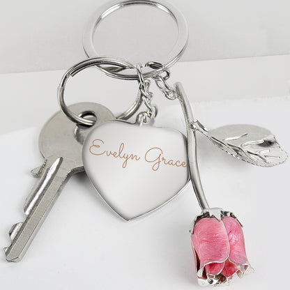 Personalised Silver Plated Name Pink Rose Keyring - image 3