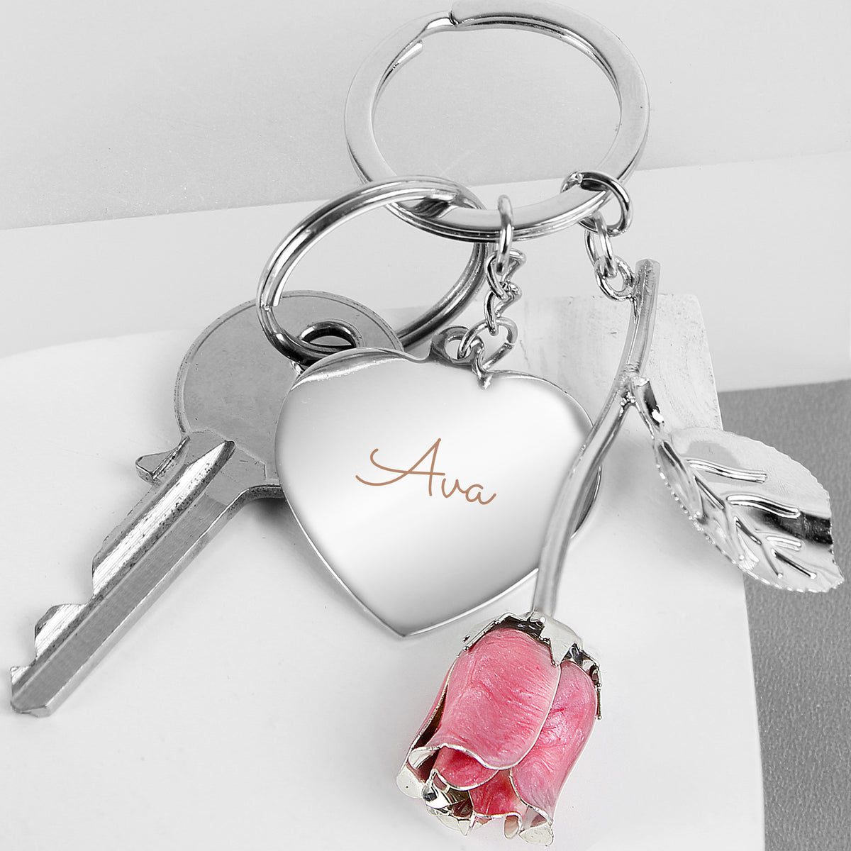 Personalised Silver Plated Name Pink Rose Keyring - image 4