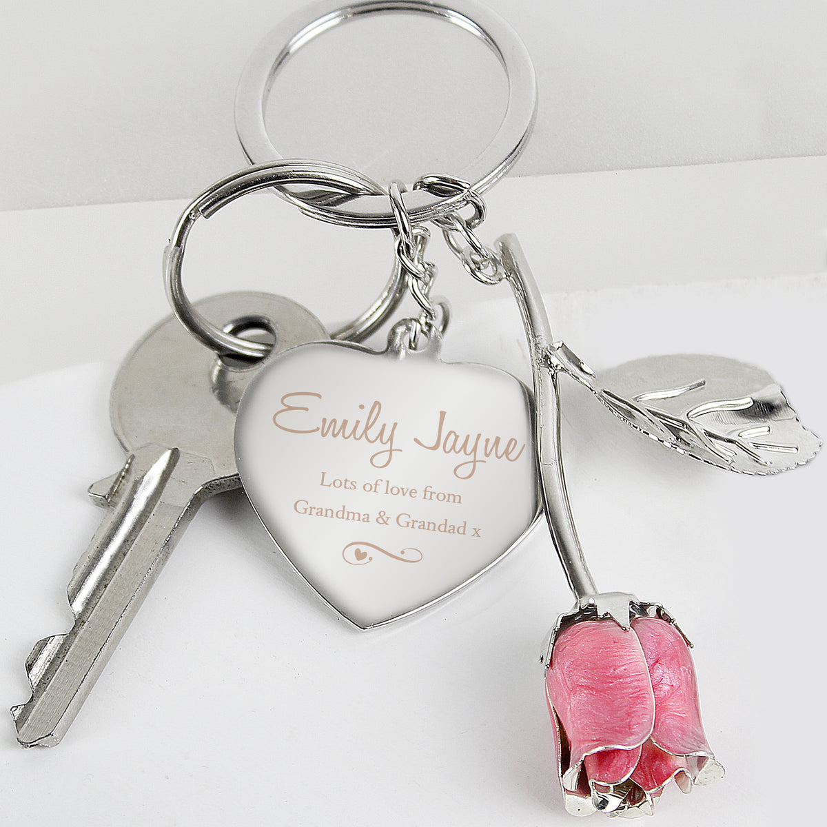 Personalised Silver Plated Swirls & Hearts Pink Rose Keyring - image 3