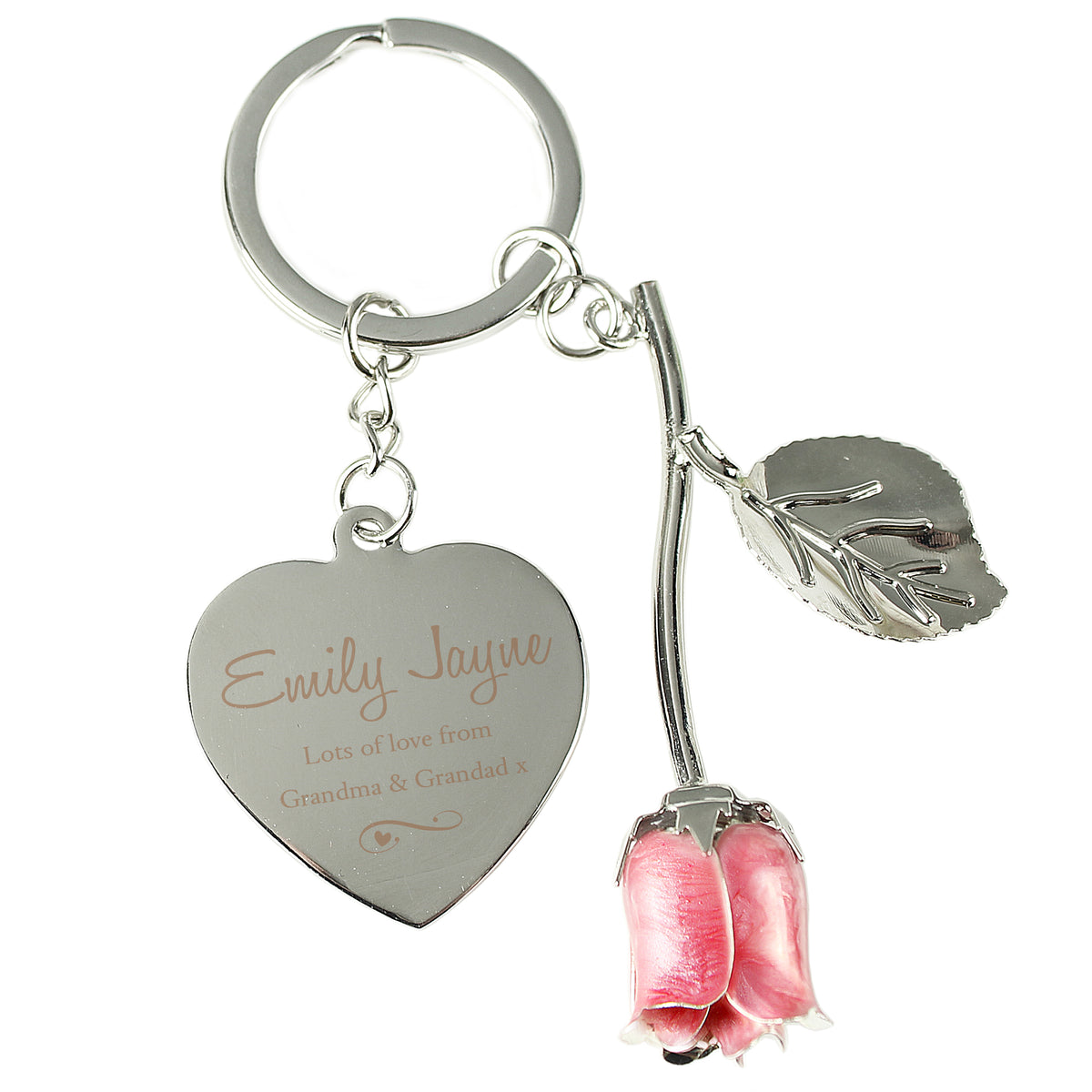 Personalised Silver Plated Swirls & Hearts Pink Rose Keyring - image 5