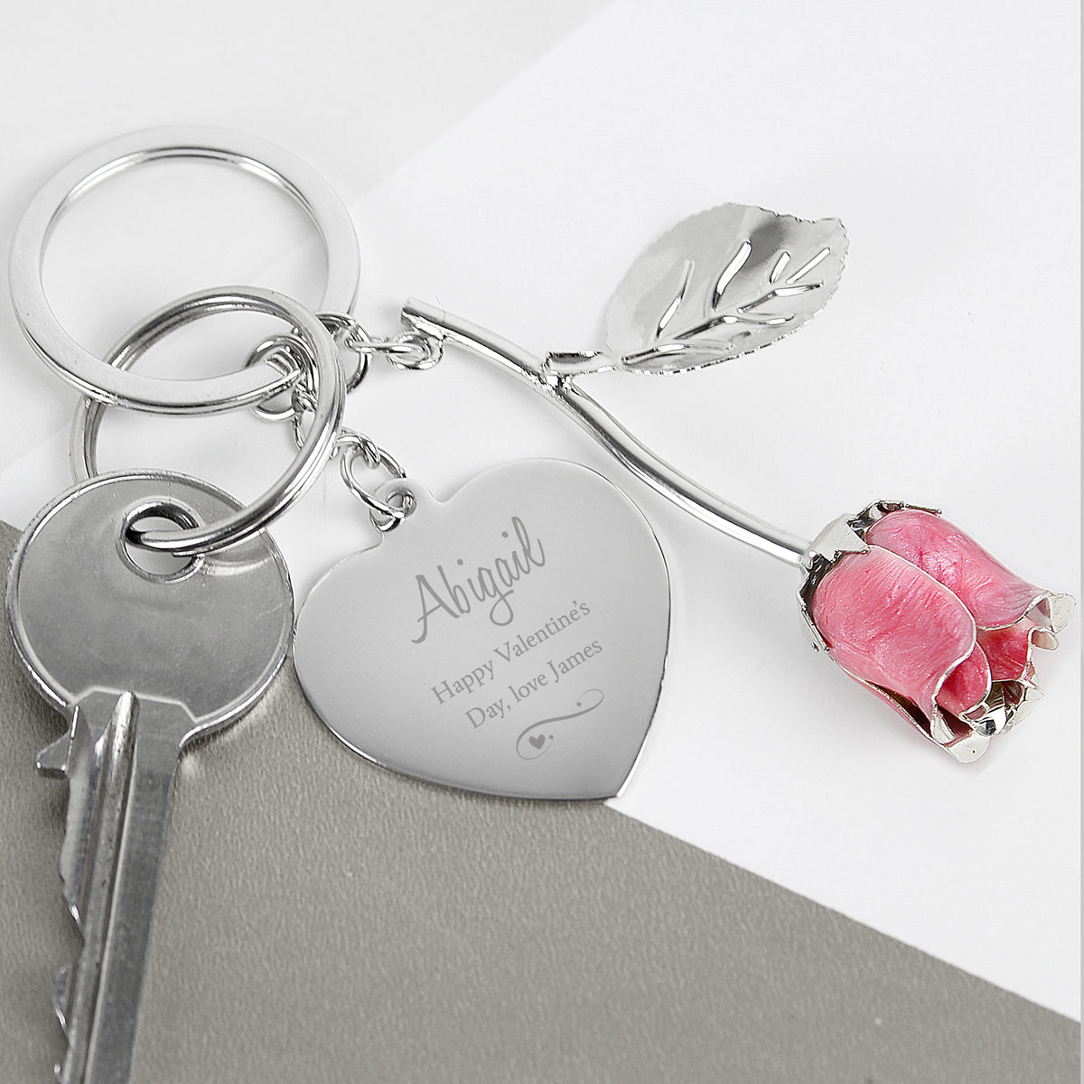 Personalised Silver Plated Swirls & Hearts Pink Rose Keyring - image 6