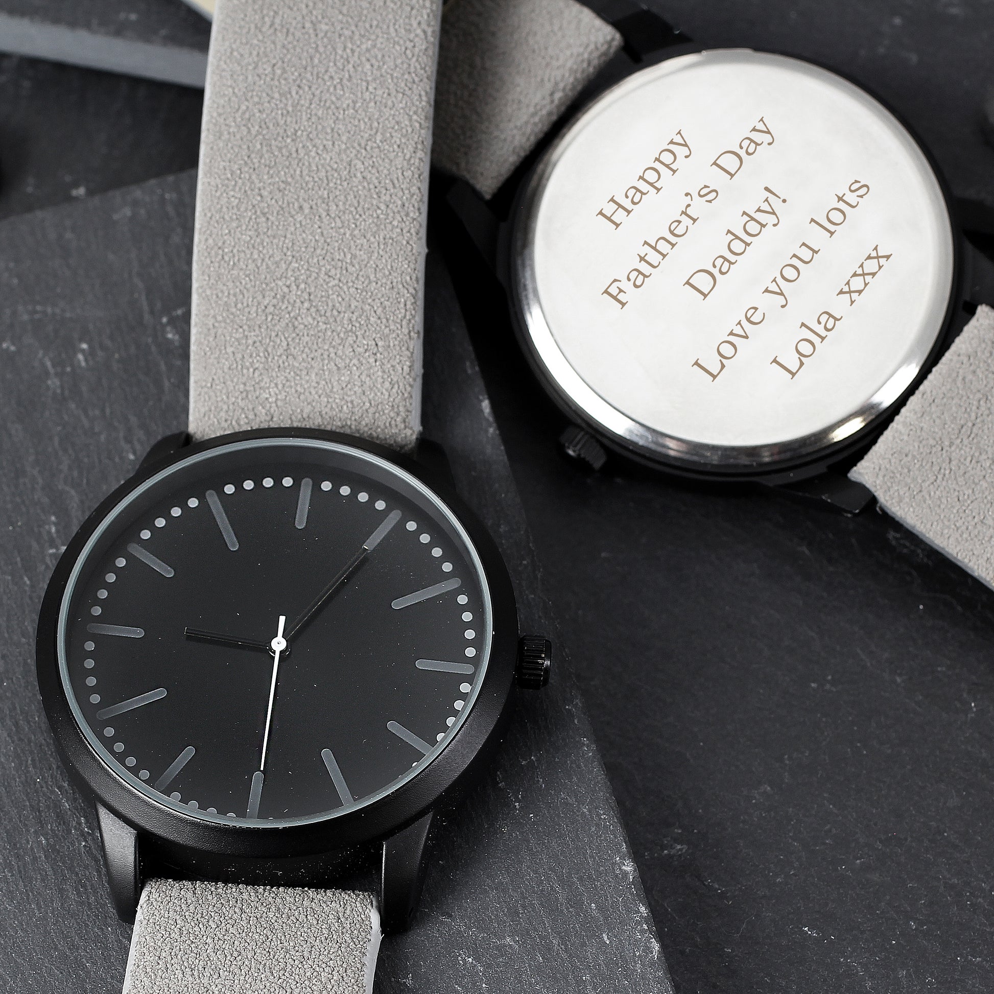 Personalised Mens Matte Black Watch with Grey Strap and Presentation Box from Heartfelt Gifts