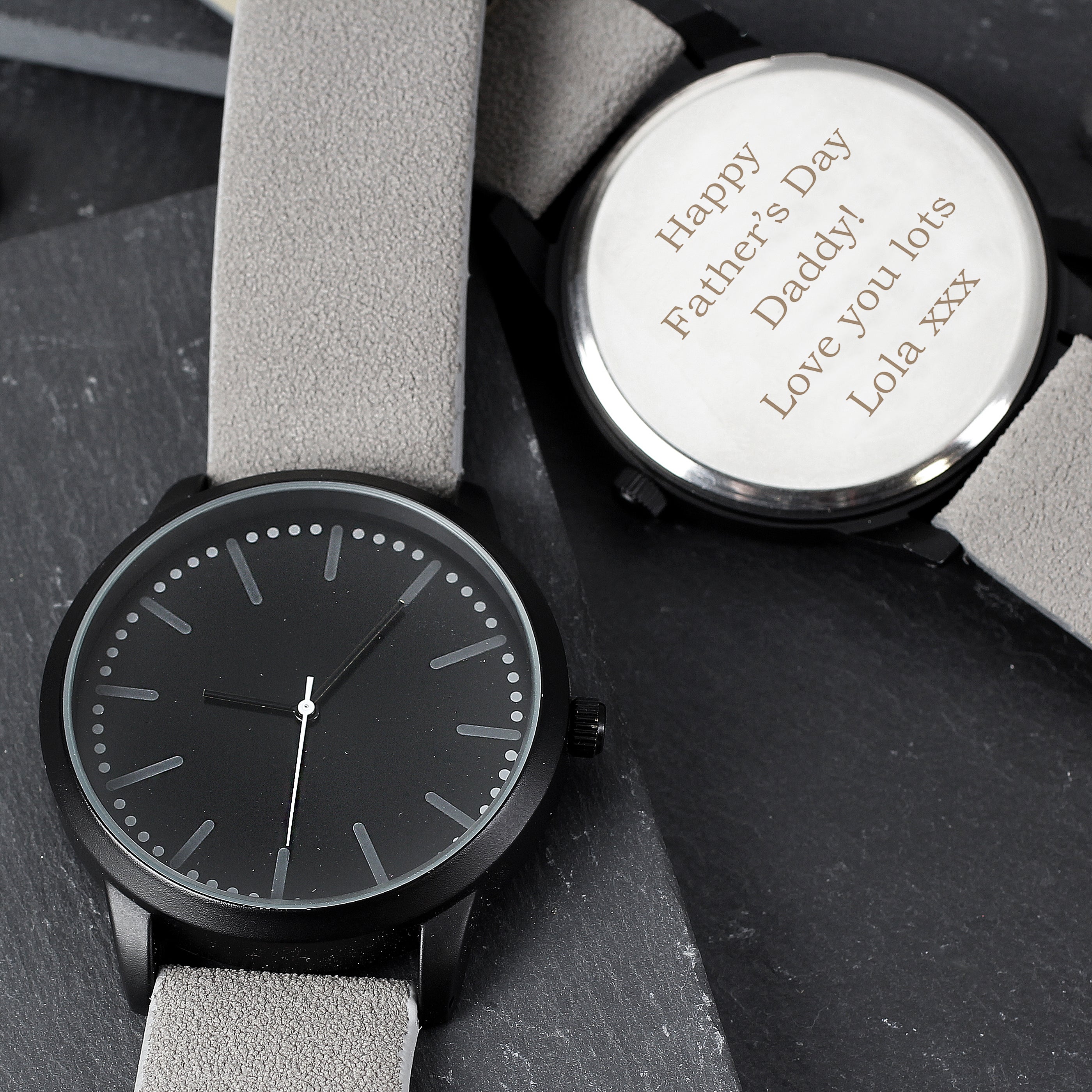 Personalised Mens Matte Black Watch with Grey Strap and Presentation Box from Heartfelt Gifts