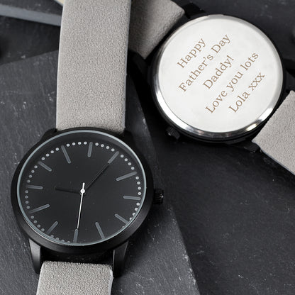 Personalised Mens Matte Black Watch with Grey Strap and Presentation Box from Heartfelt Gifts