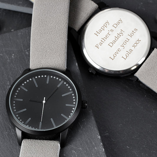 Personalised Mens Matte Black Watch with Grey Strap and Presentation Box from Heartfelt Gifts