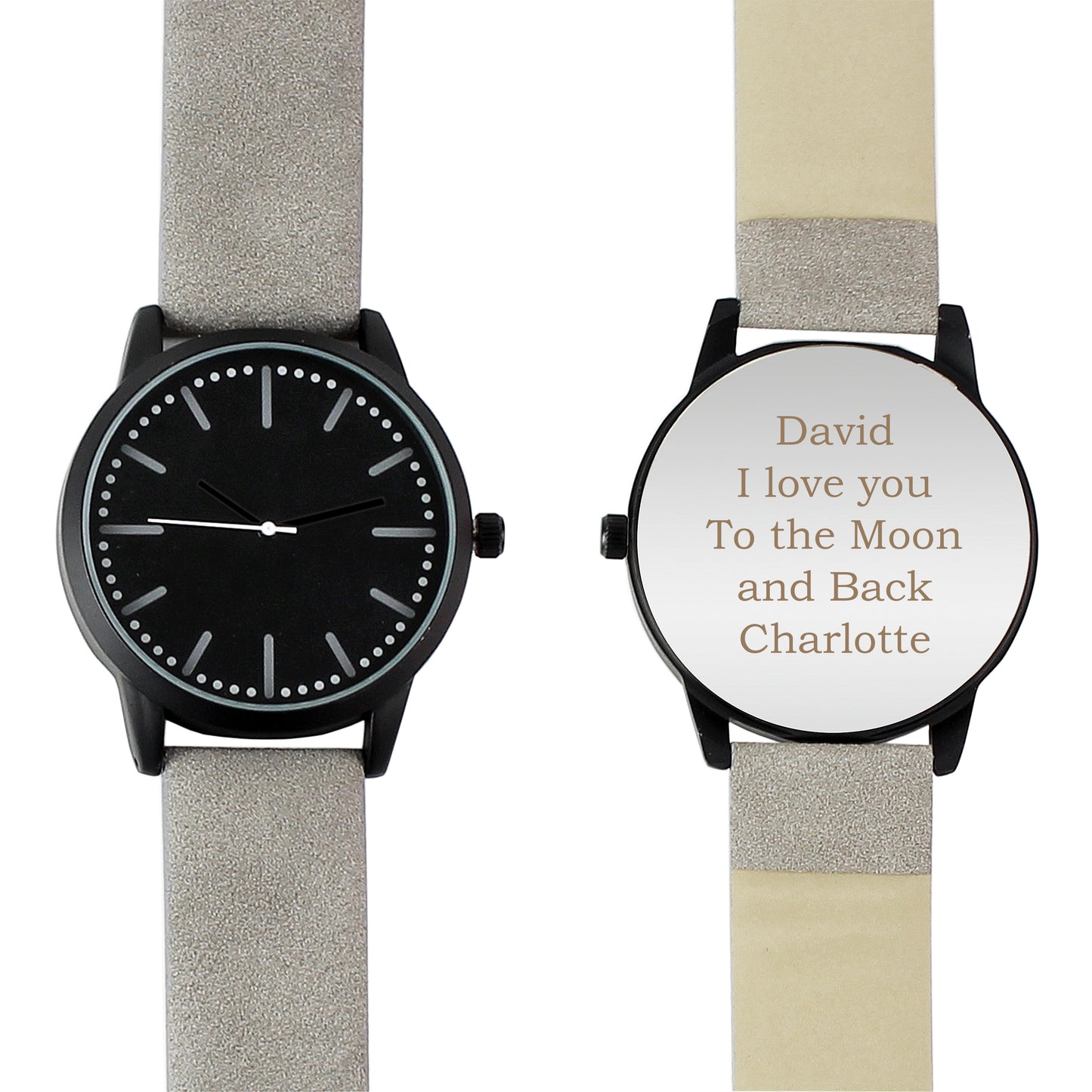 Personalised Mens Matte Black Watch with Grey Strap and Presentation Box - image 2