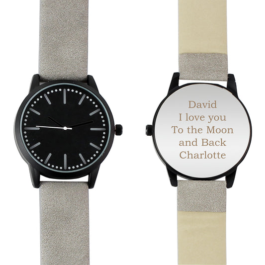 Personalised Mens Matte Black Watch with Grey Strap and Presentation Box - image 2