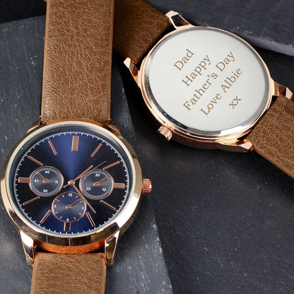 Personalised Mens Rose Gold Tone Watch with Brown Strap and Presentation Box from Heartfelt Gifts