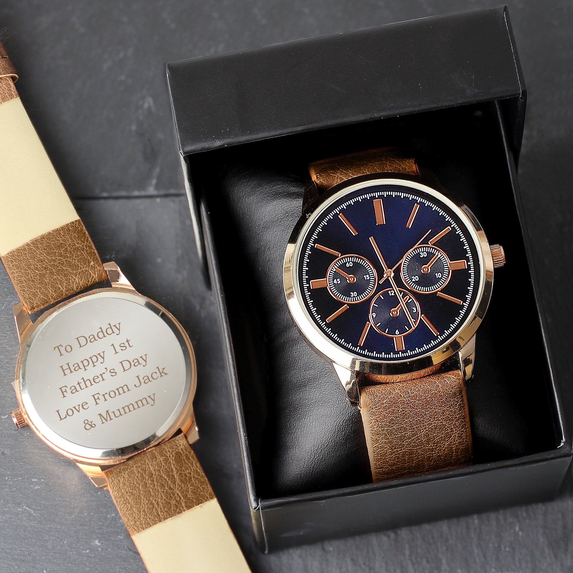Personalised Mens Rose Gold Tone Watch with Brown Strap and Presentation Box - image 2