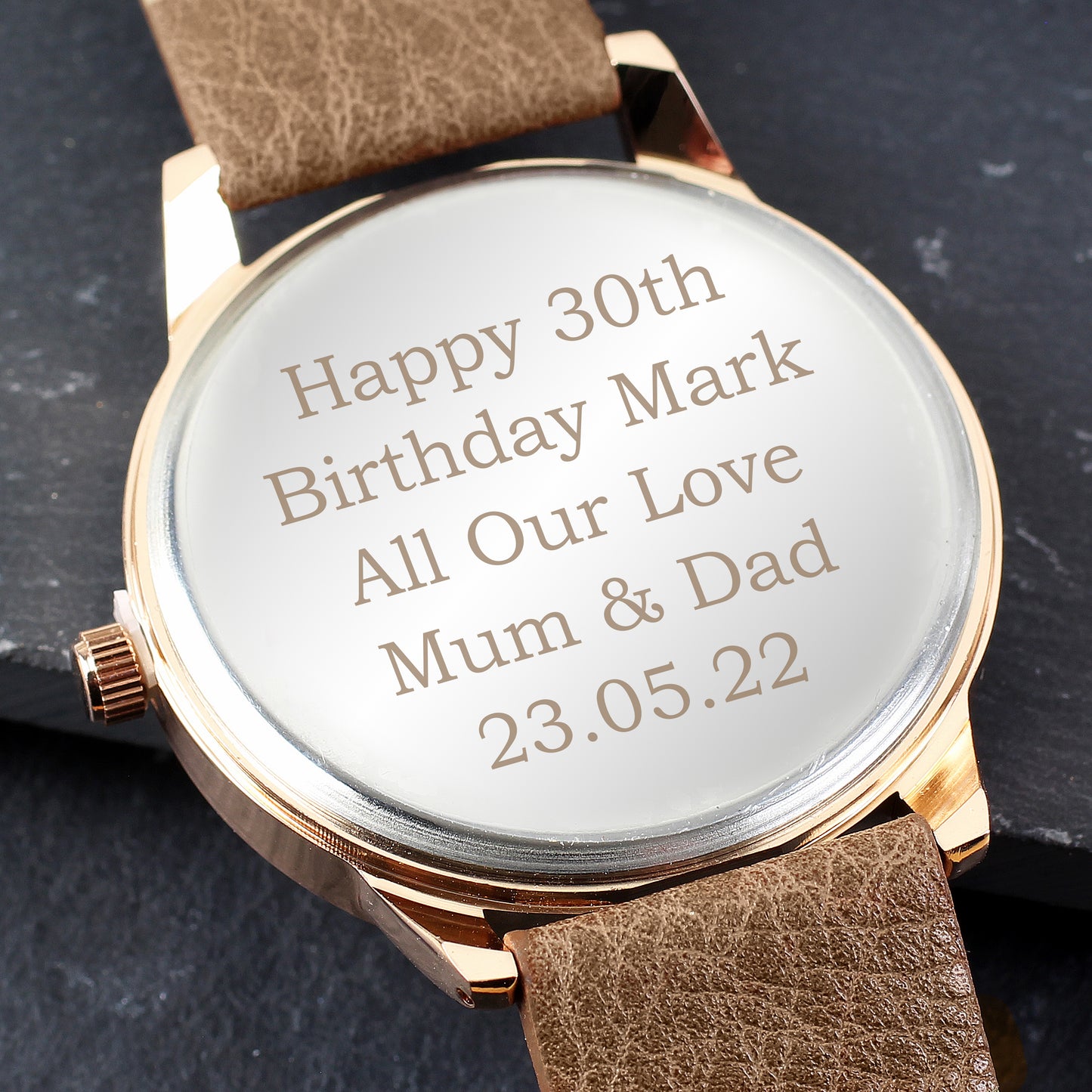 Personalised Mens Rose Gold Tone Watch with Brown Strap and Presentation Box - image 3