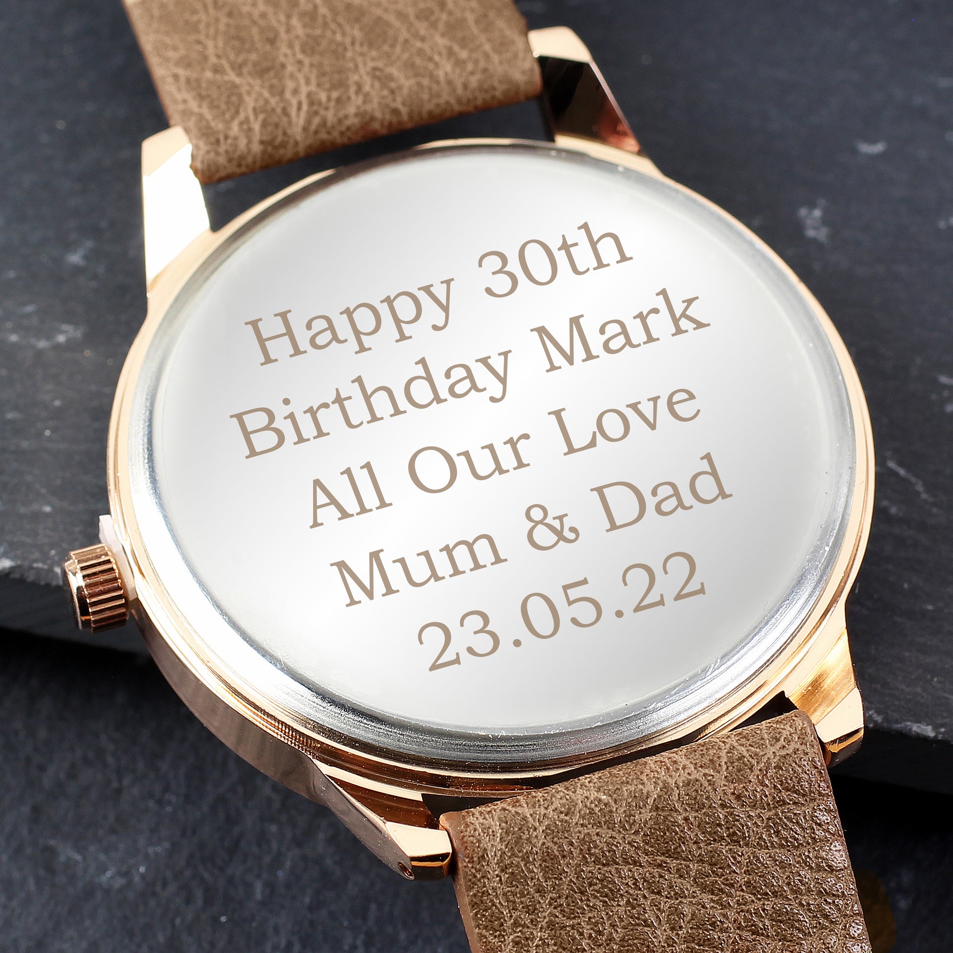 Personalised Mens Rose Gold Tone Watch with Brown Strap and Presentation Box - image 3