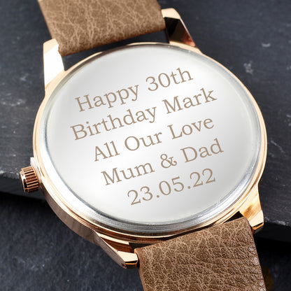Personalised Mens Rose Gold Tone Watch with Brown Strap and Presentation Box - image 3