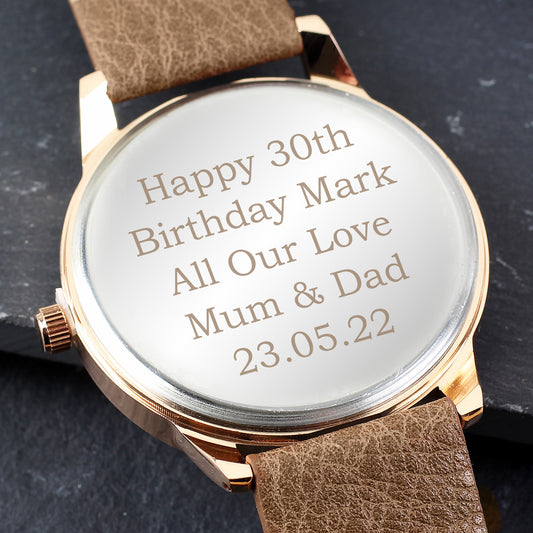 Personalised Mens Rose Gold Tone Watch with Brown Strap and Presentation Box - image 3