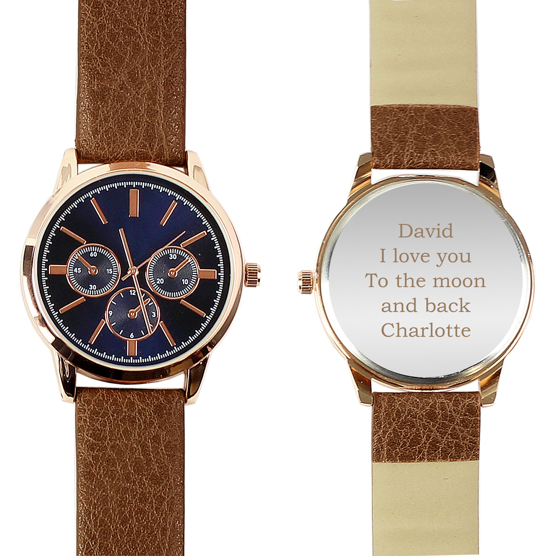 Personalised Mens Rose Gold Tone Watch with Brown Strap and Presentation Box - image 5
