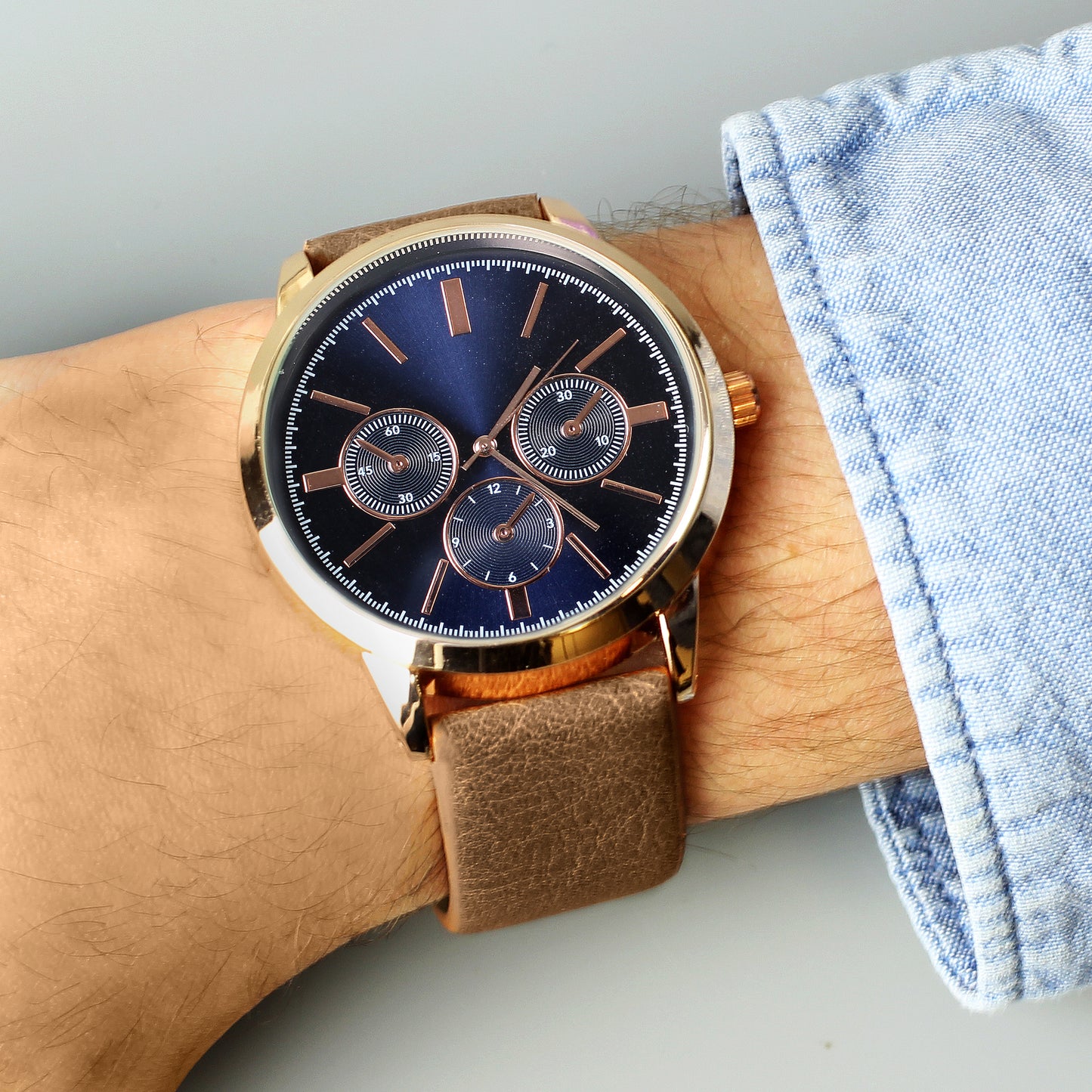 Personalised Mens Rose Gold Tone Watch with Brown Strap and Presentation Box - image 6