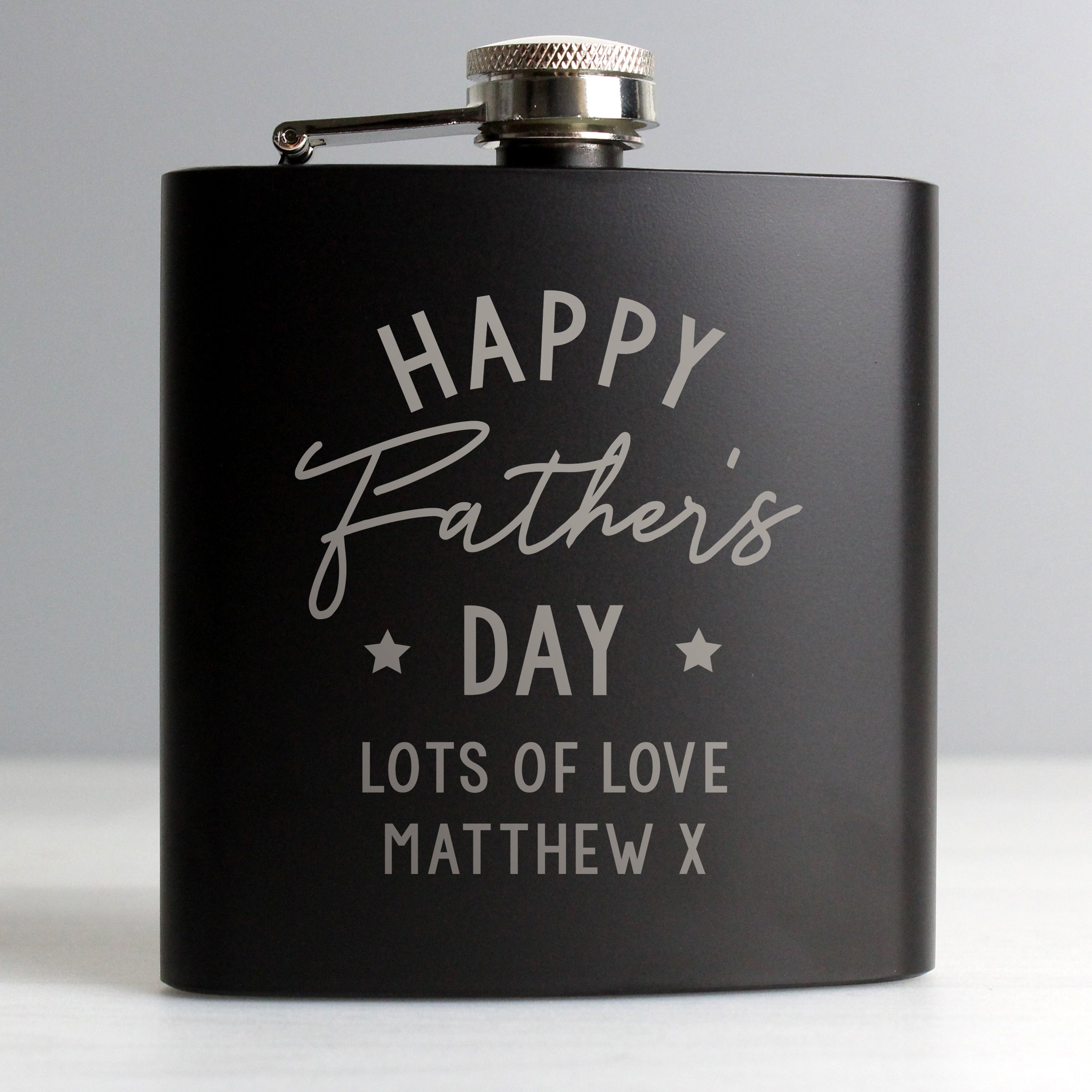 Personalised Fathers Day Black Hip Flask from Heartfelt Gifts