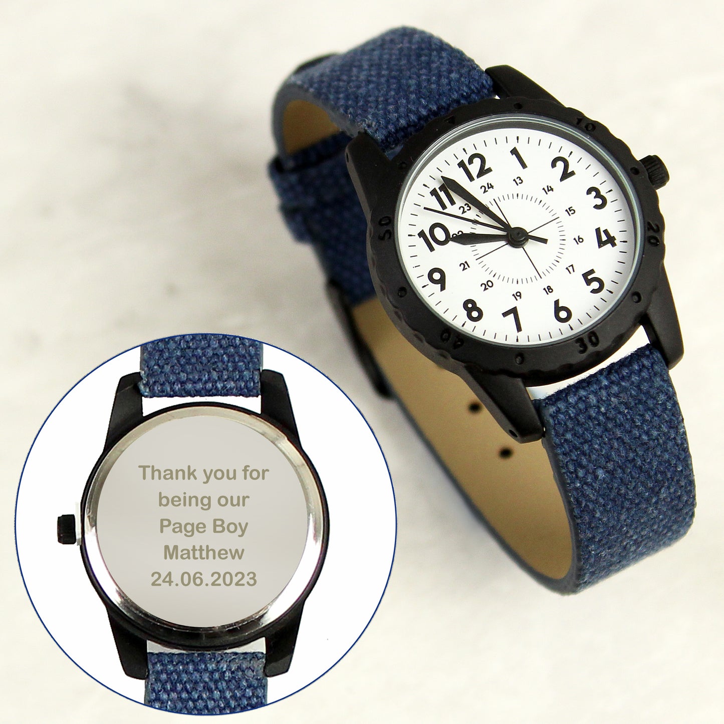 Personalised Black with Blue Canvas Strap Boys Watch from Heartfelt Gifts