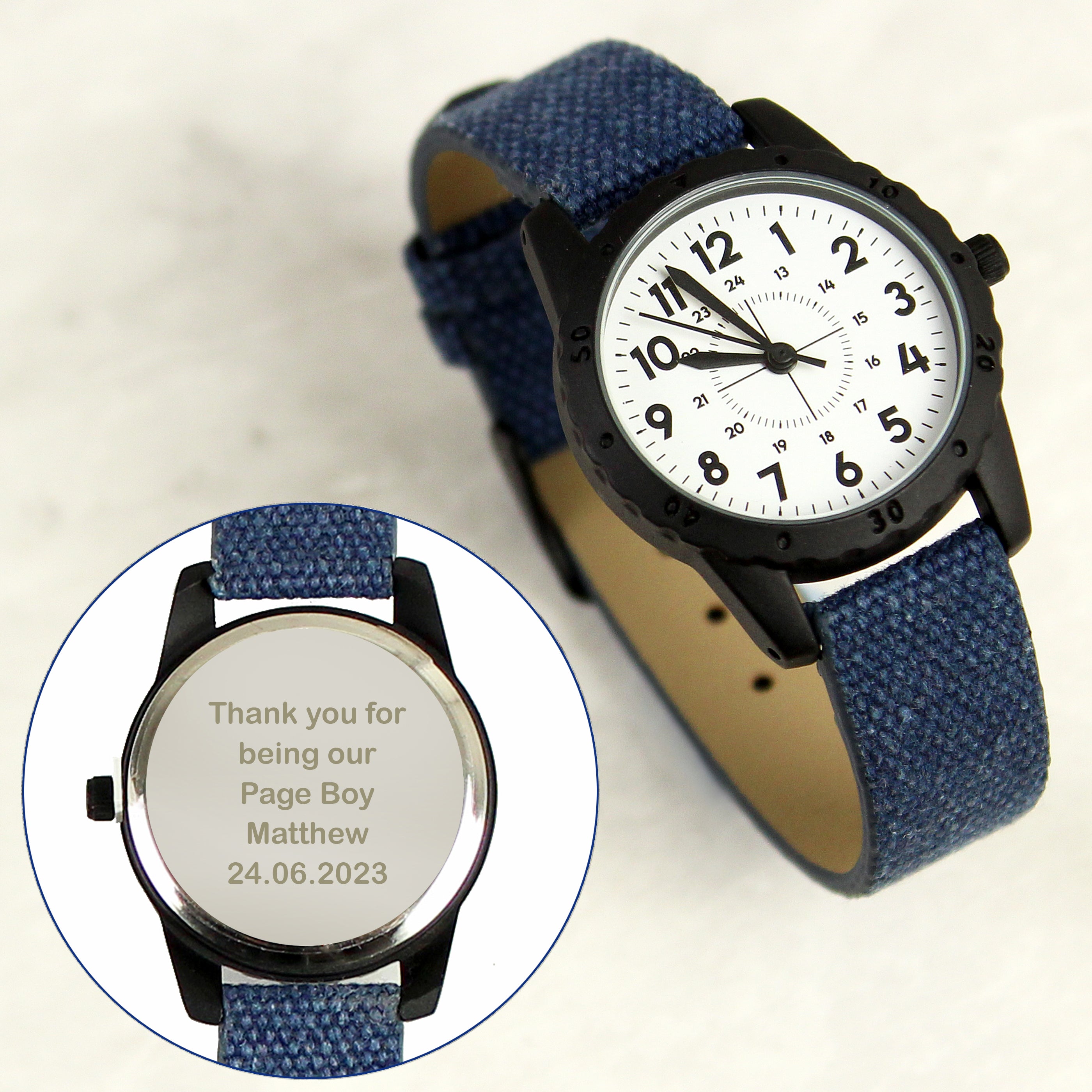 Personalised Black with Blue Canvas Strap Boys Watch from Heartfelt Gifts