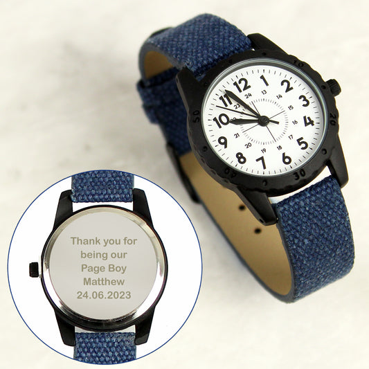 Personalised Black with Blue Canvas Strap Boys Watch from Heartfelt Gifts