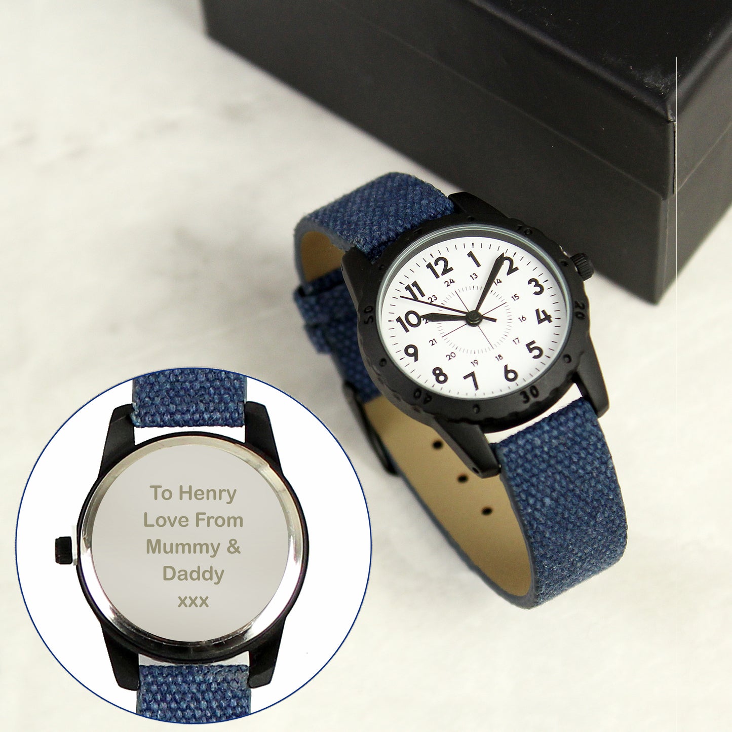 Personalised Black with Blue Canvas Strap Boys Watch - image 4