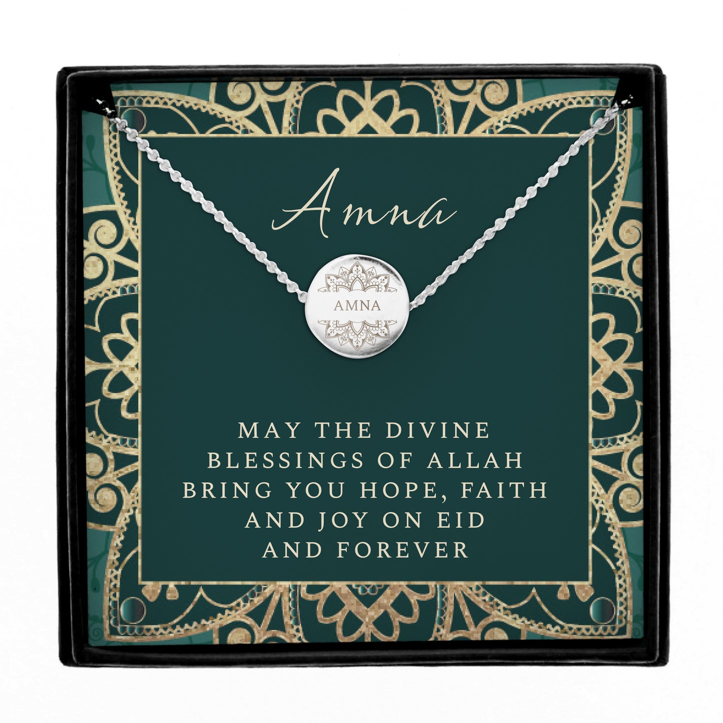 Personalised Sentiment Eid and Ramadan Disc Necklace and Box - image 4