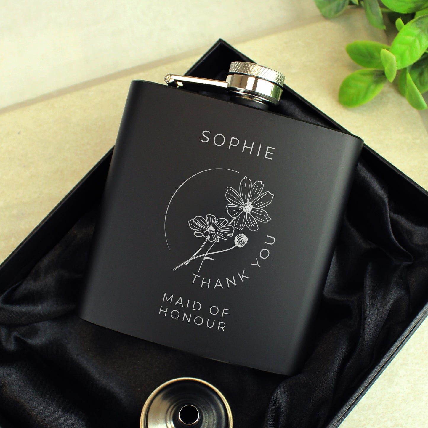 Personalised Monochrome Floral Wedding Party Black Hip Flask from Heartfelt Gifts