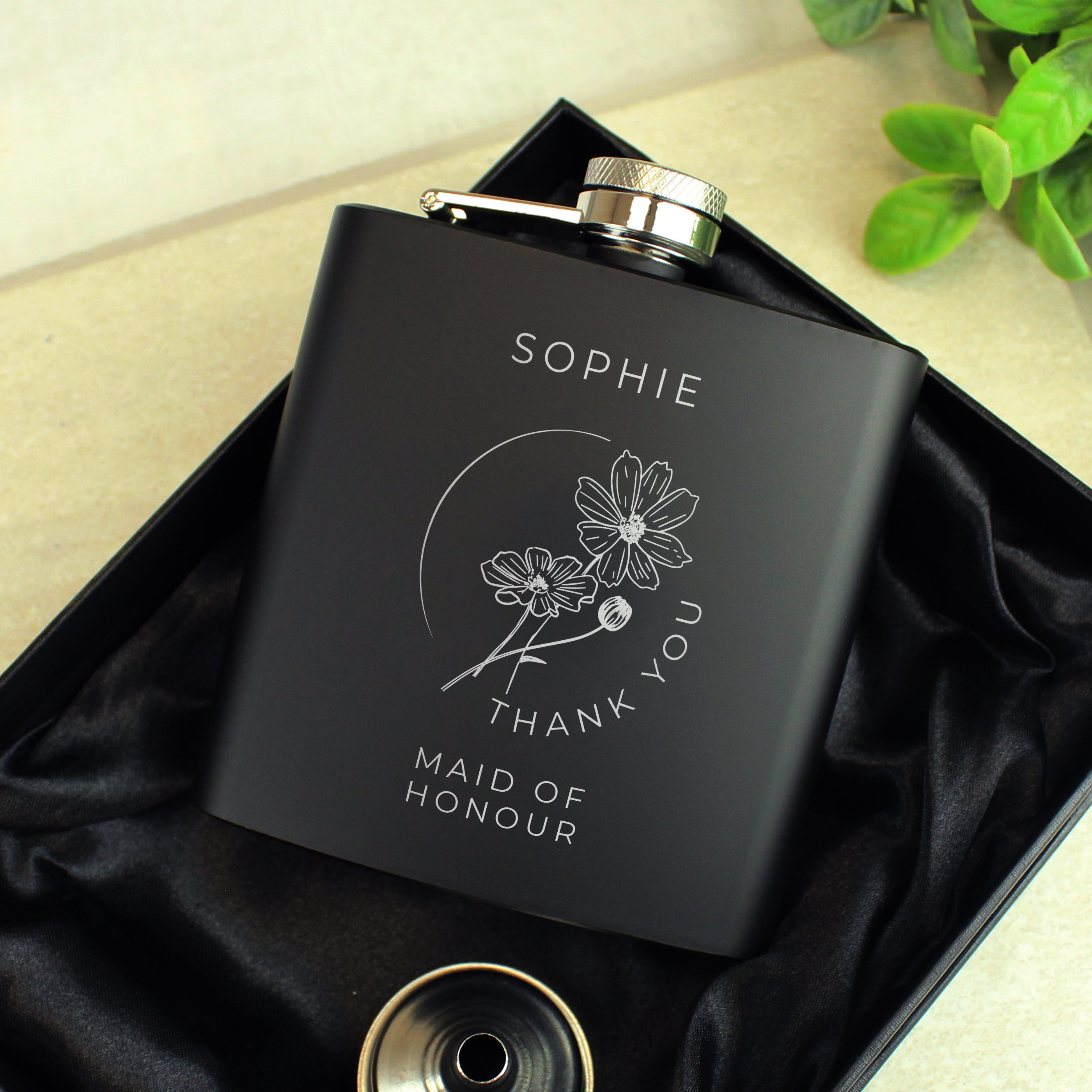 Personalised Monochrome Floral Wedding Party Black Hip Flask from Heartfelt Gifts