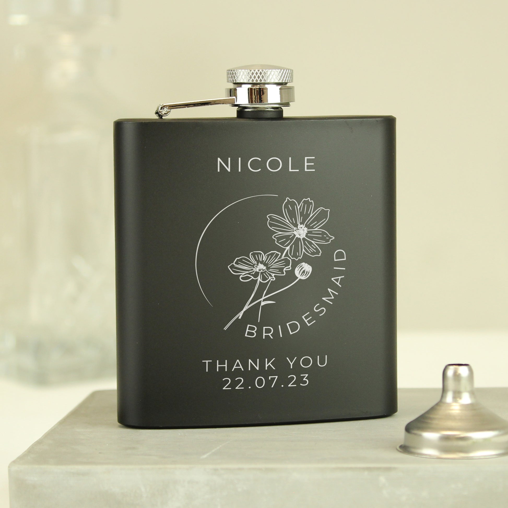 Personalised Monochrome Floral Wedding Party Black Hip Flask - image 3