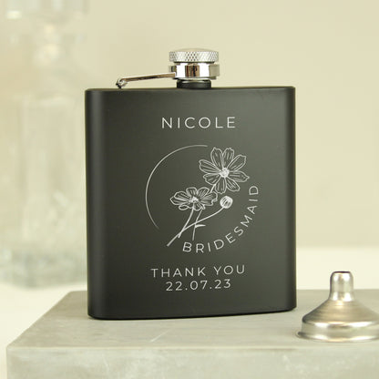 Personalised Monochrome Floral Wedding Party Black Hip Flask - image 3