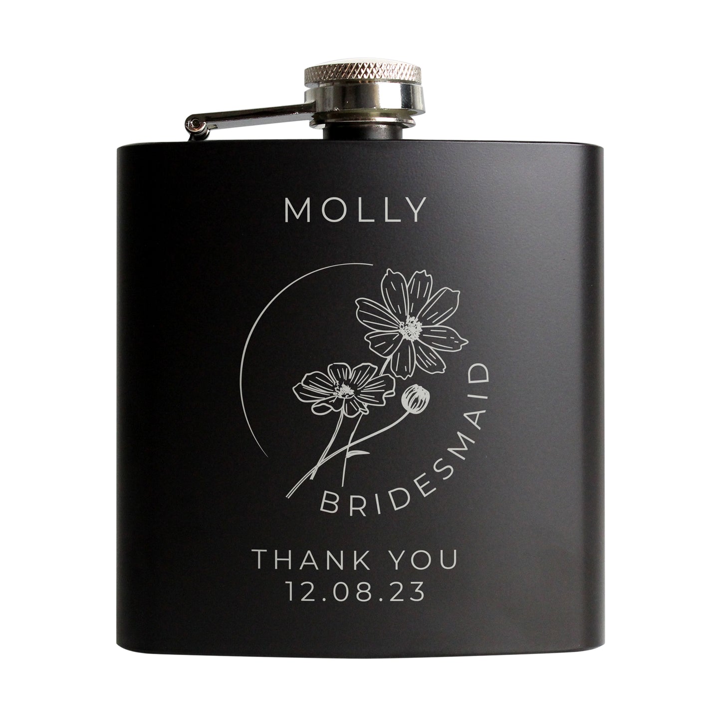 Personalised Monochrome Floral Wedding Party Black Hip Flask - image 5