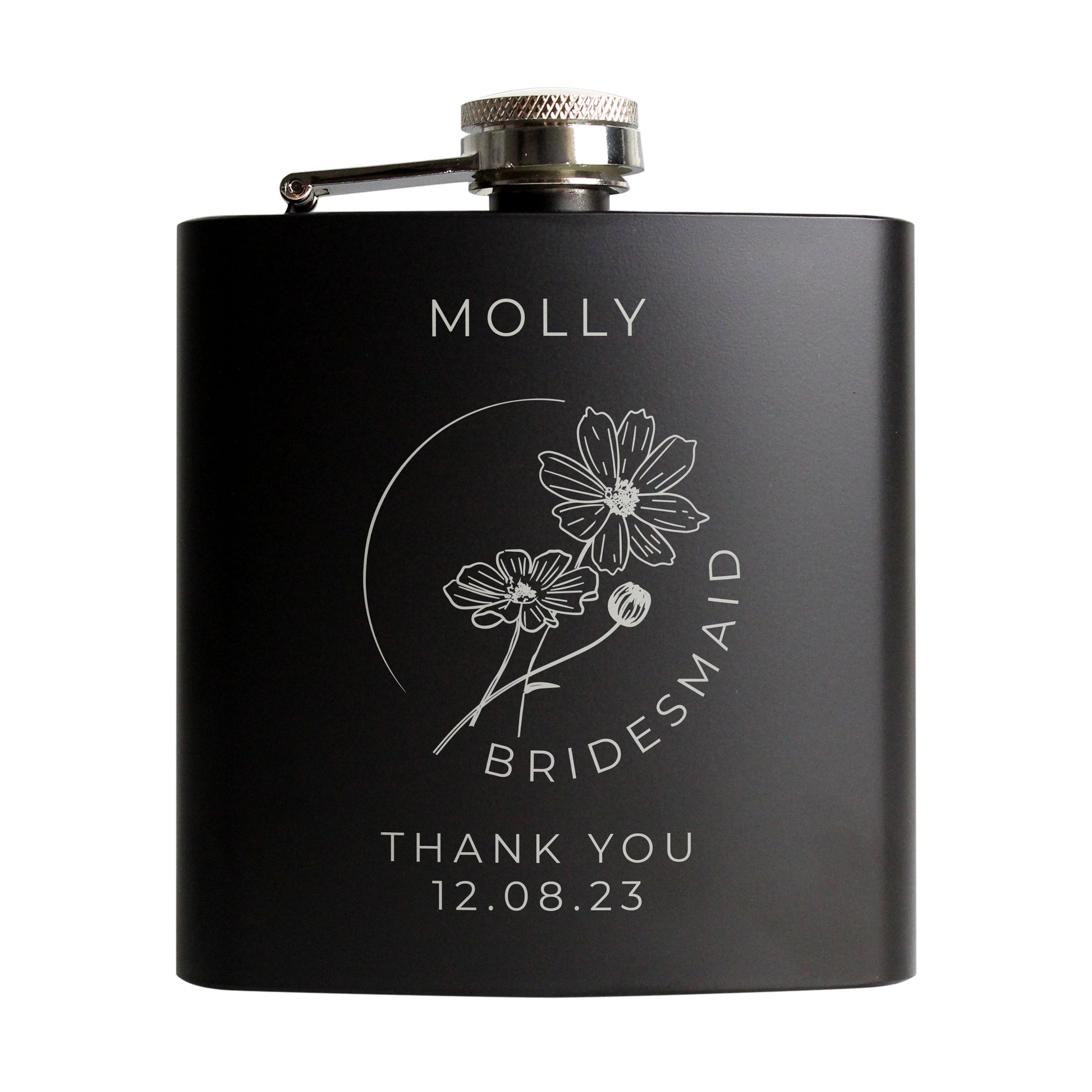 Personalised Monochrome Floral Wedding Party Black Hip Flask - image 5