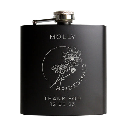 Personalised Monochrome Floral Wedding Party Black Hip Flask - image 5