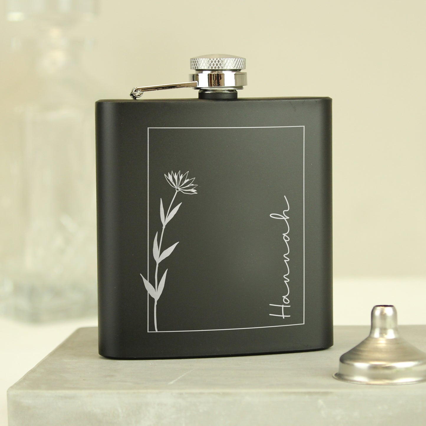 Personalised Monochrome Floral Name Black Hip Flask - image 3
