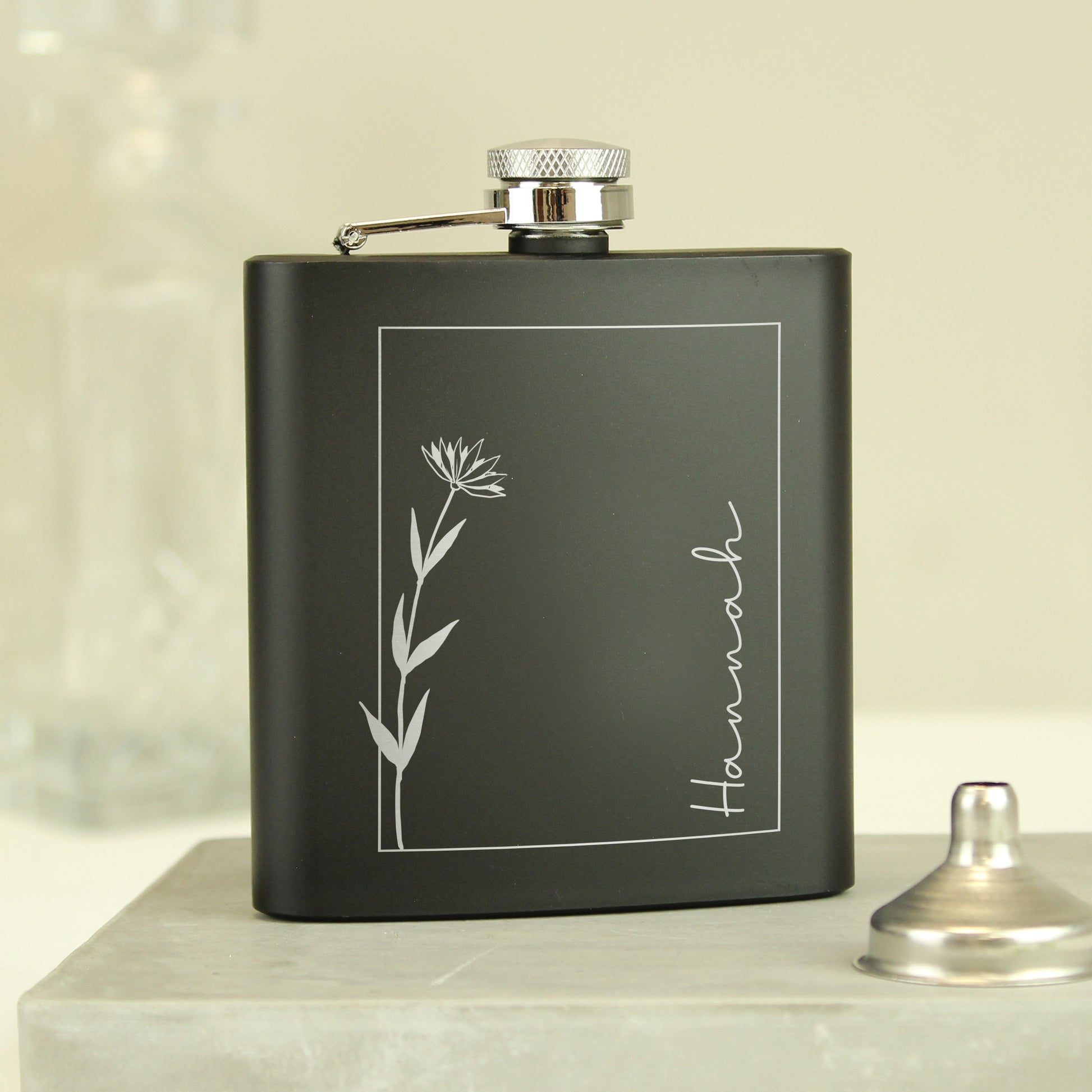 Personalised Monochrome Floral Name Black Hip Flask - image 3