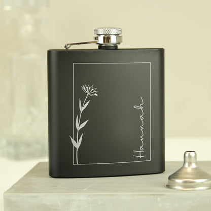Personalised Monochrome Floral Name Black Hip Flask - image 3