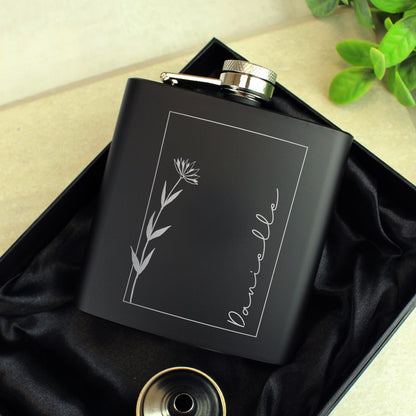 Personalised Monochrome Floral Name Black Hip Flask - image 4