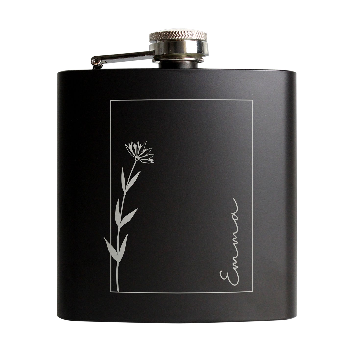 Personalised Monochrome Floral Name Black Hip Flask - image 5