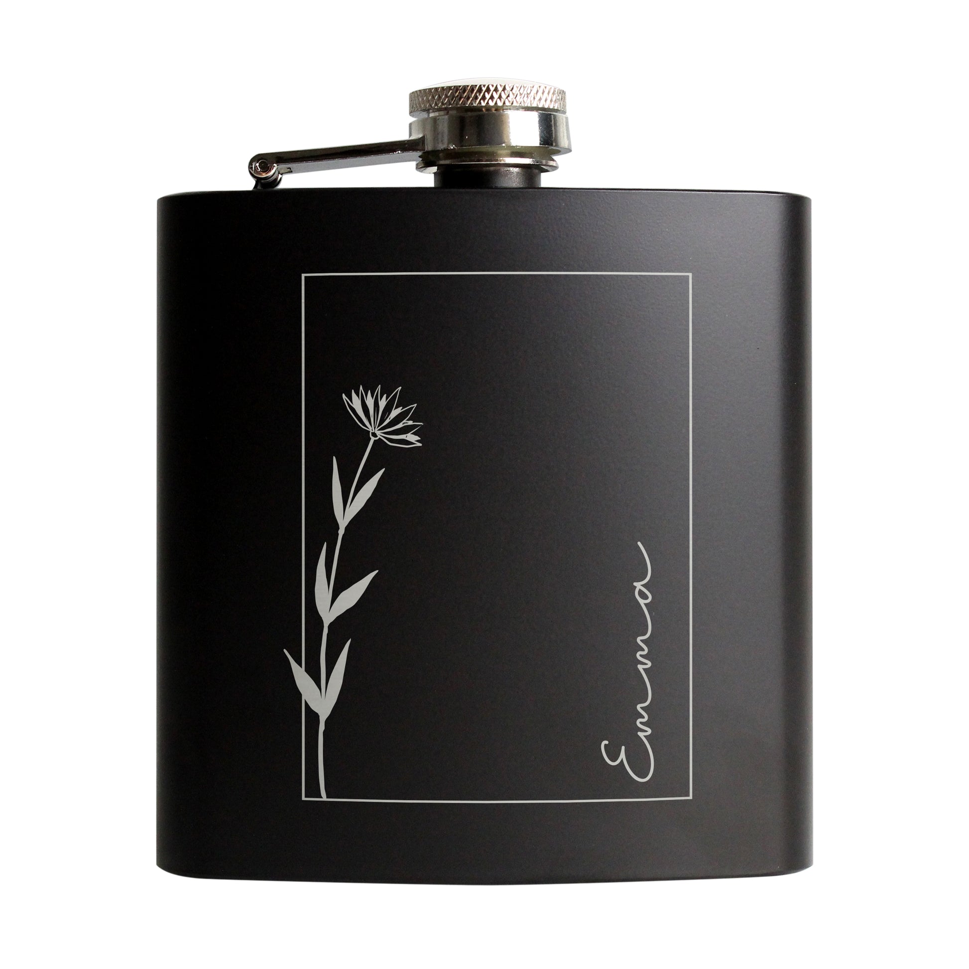 Personalised Monochrome Floral Name Black Hip Flask - image 5