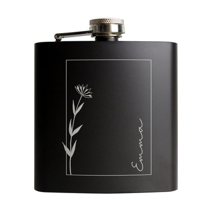 Personalised Monochrome Floral Name Black Hip Flask - image 5
