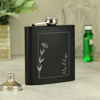 Personalised Monochrome Floral Name Black Hip Flask - image 6