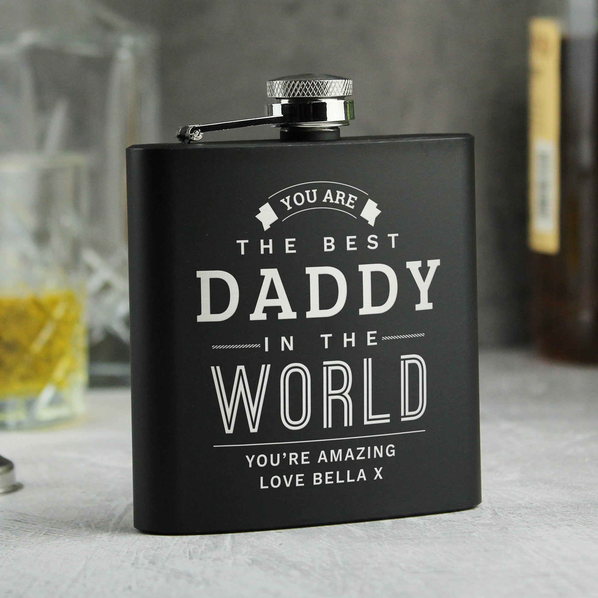 Personalised Best in The World Black Hip Flask from Heartfelt Gifts