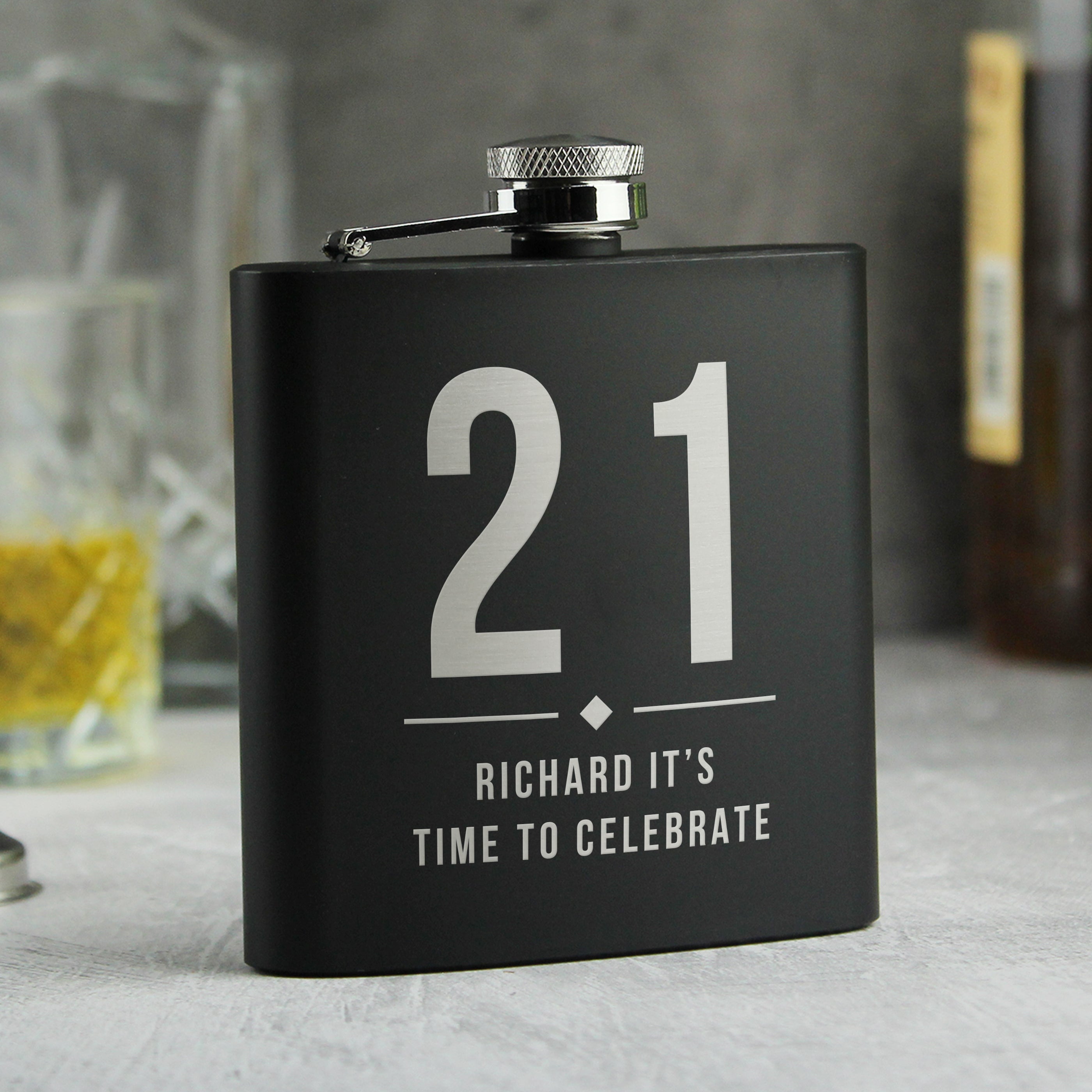 Personalised Big Numbers Black Hip Flask from Heartfelt Gifts