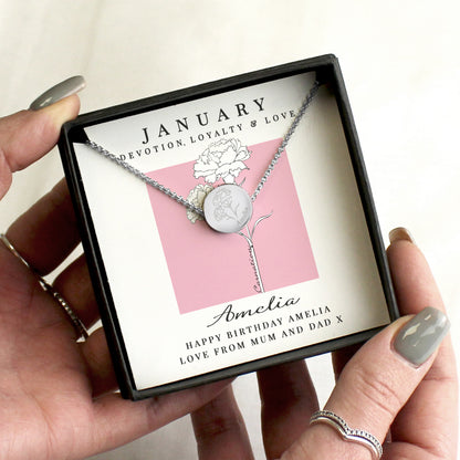 Personalised January Birth Flower Necklace and Box from Heartfelt Gifts