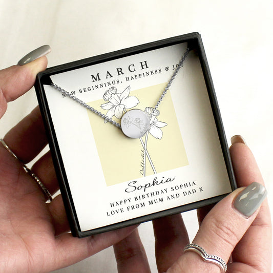 Personalised March Birth Flower Necklace and Box from Heartfelt Gifts